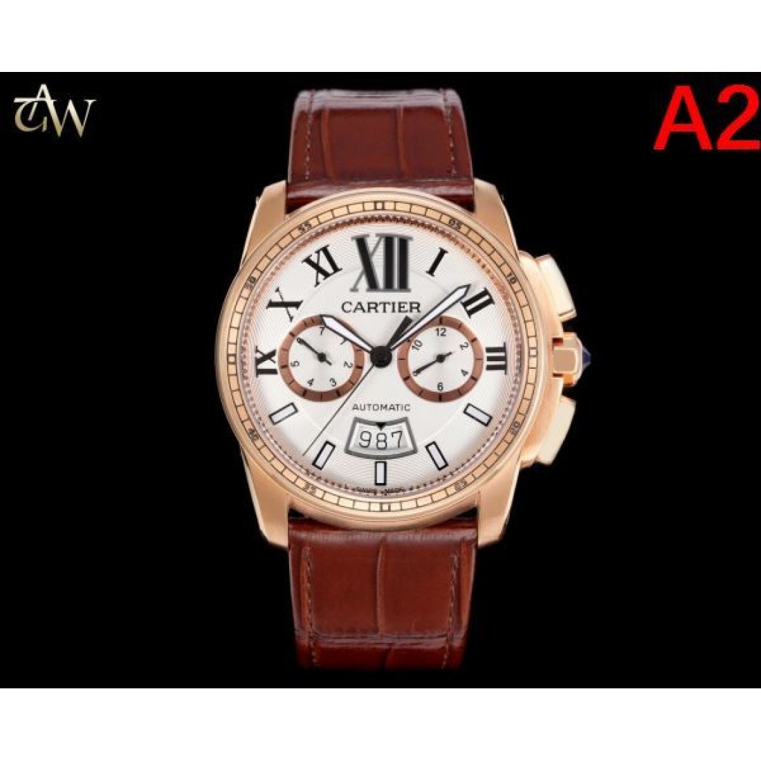 ブラックダイヤルモデル Cartier カルティエ コピー 腕時計 ローズゴールドケース ローマ数字配置 ムーンフェイズ機能 レザーベルト