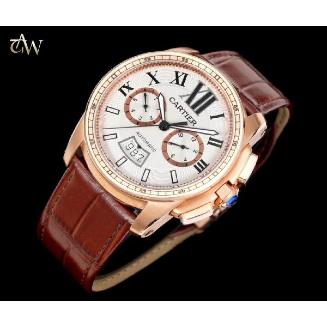 ブラックダイヤルモデル Cartier カルティエ コピー 腕時計 ローズゴールドケース ローマ数字配置 ムーンフェイズ機能 レザーベルト