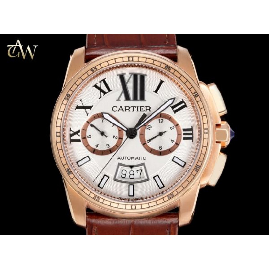 ブラックダイヤルモデル Cartier カルティエ コピー 腕時計 ローズゴールドケース ローマ数字配置 ムーンフェイズ機能 レザーベルト