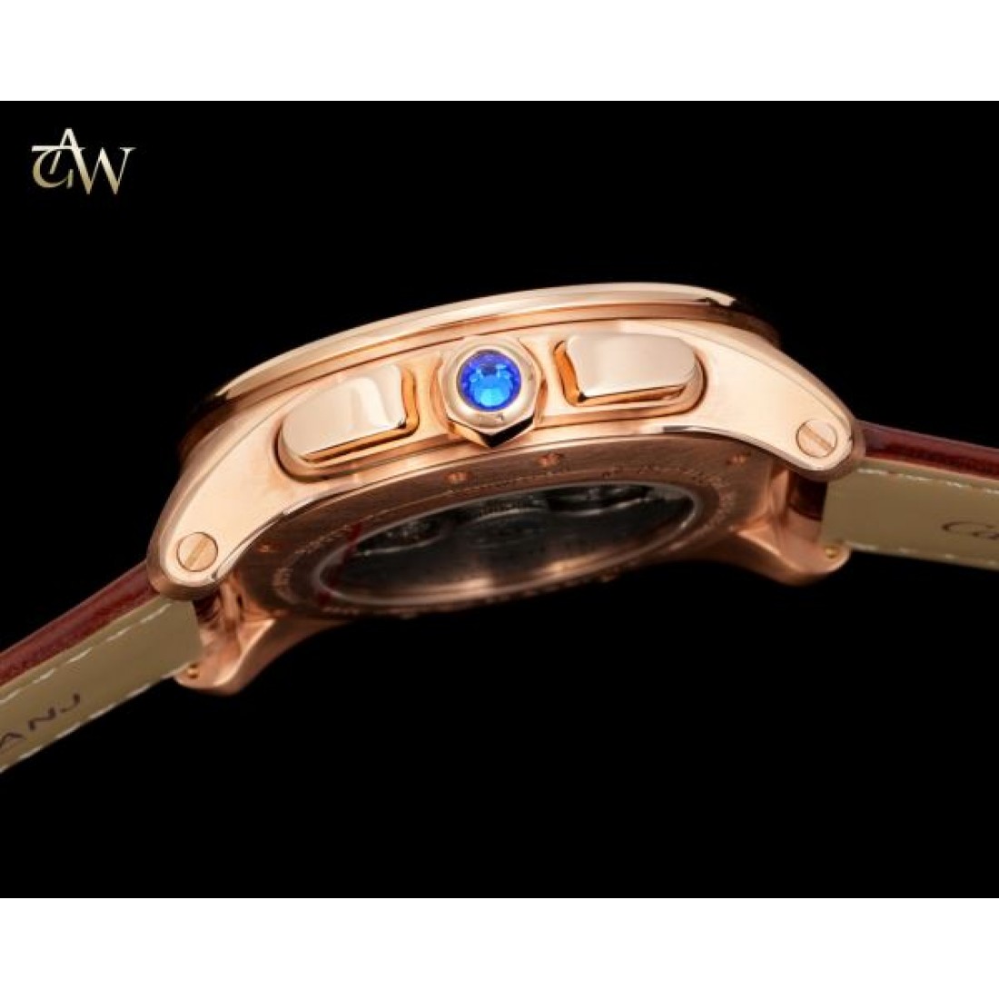ブラックダイヤルモデル Cartier カルティエ コピー 腕時計 ローズゴールドケース ローマ数字配置 ムーンフェイズ機能 レザーベルト