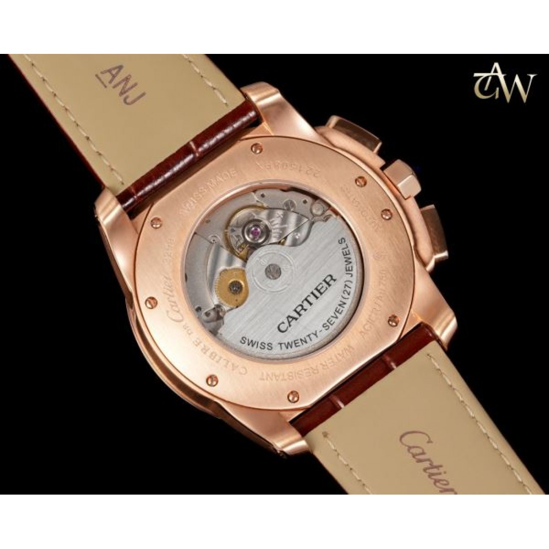 ブラックダイヤルモデル Cartier カルティエ コピー 腕時計 ローズゴールドケース ローマ数字配置 ムーンフェイズ機能 レザーベルト