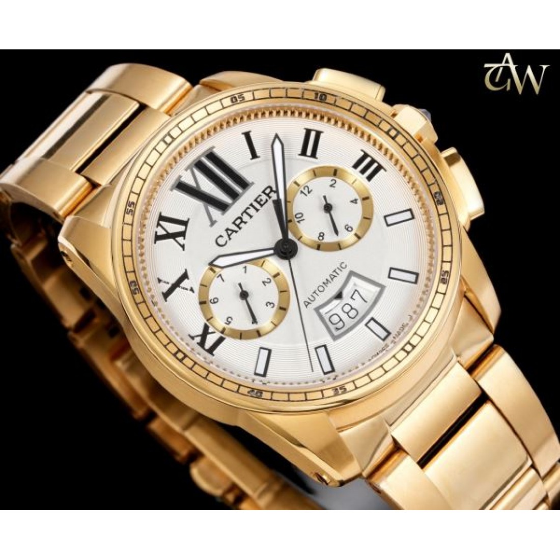 ピンクゴールド仕様 Cartier カルティエ コピー 腕時計 ホワイトダイヤル ローマンインデックス ムーンフェイズ ブラウンレザーストラップ