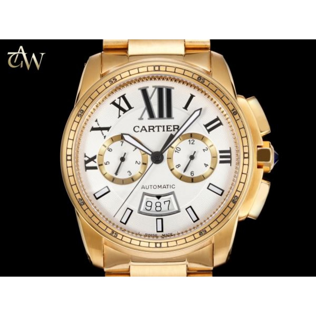 ピンクゴールド仕様 Cartier カルティエ コピー 腕時計 ホワイトダイヤル ローマンインデックス ムーンフェイズ ブラウンレザーストラップ