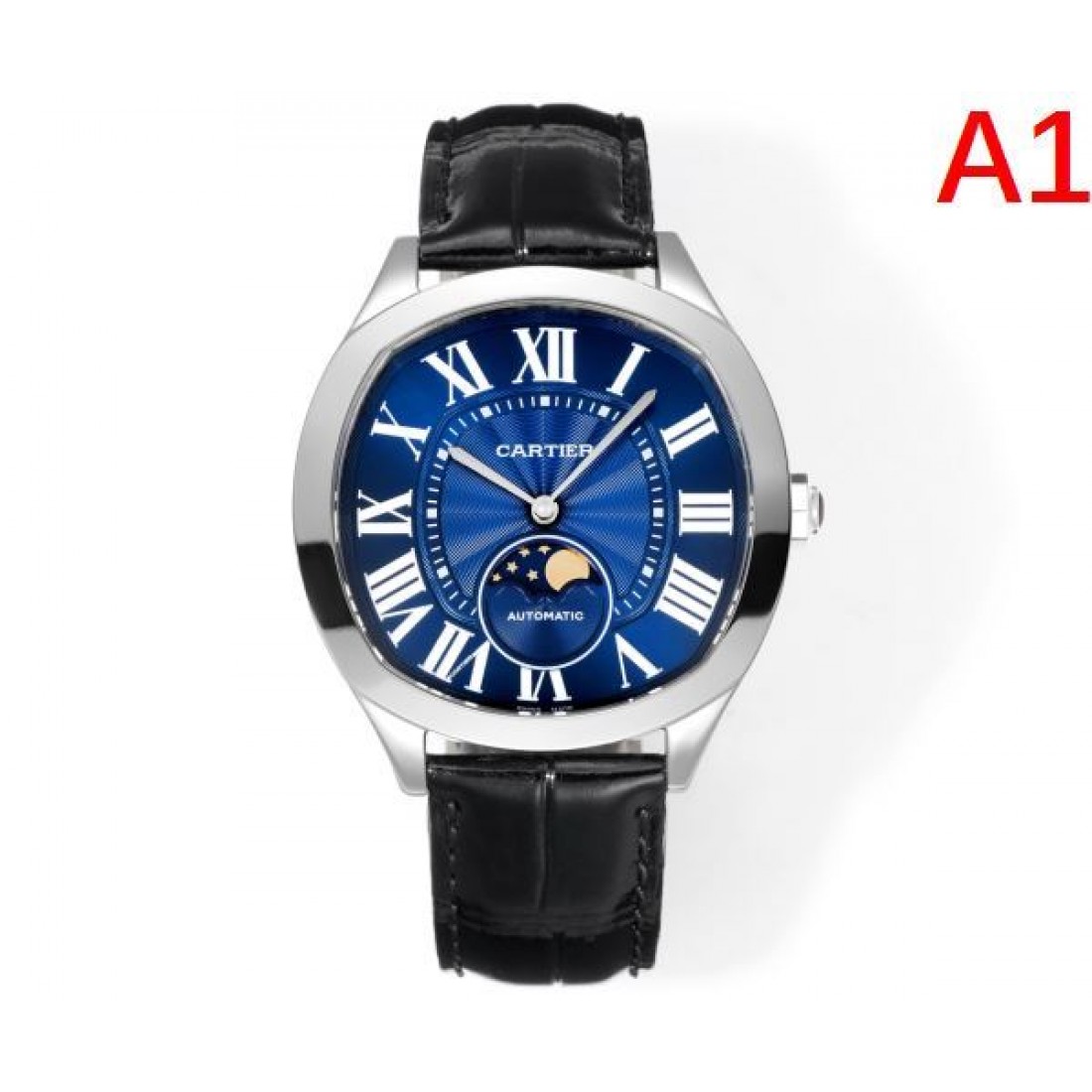 ブルーダイヤル Cartier カルティエ コピー 腕時計 ローマ数字インデックス ムーンフェイズ表示 ステンレスケース ブラックレザーベルト