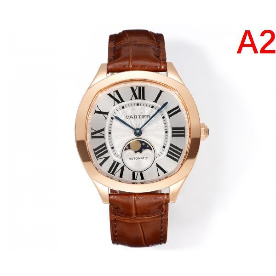ブルーダイヤル Cartier カルティエ コピー 腕時計 ローマ数字インデックス ムーンフェイズ表示 ステンレスケース ブラックレザーベルト