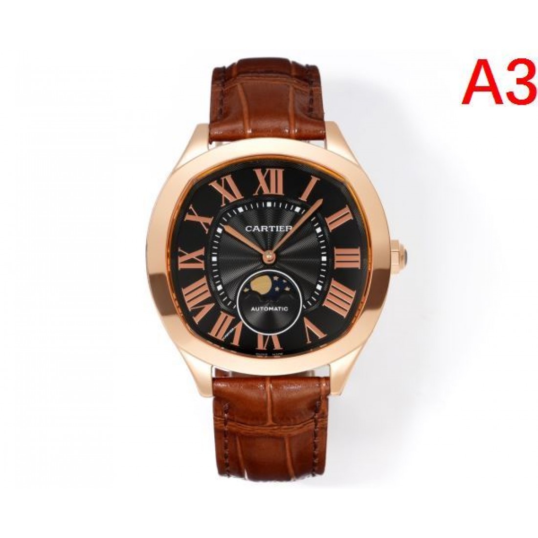 ブルーダイヤル Cartier カルティエ コピー 腕時計 ローマ数字インデックス ムーンフェイズ表示 ステンレスケース ブラックレザーベルト