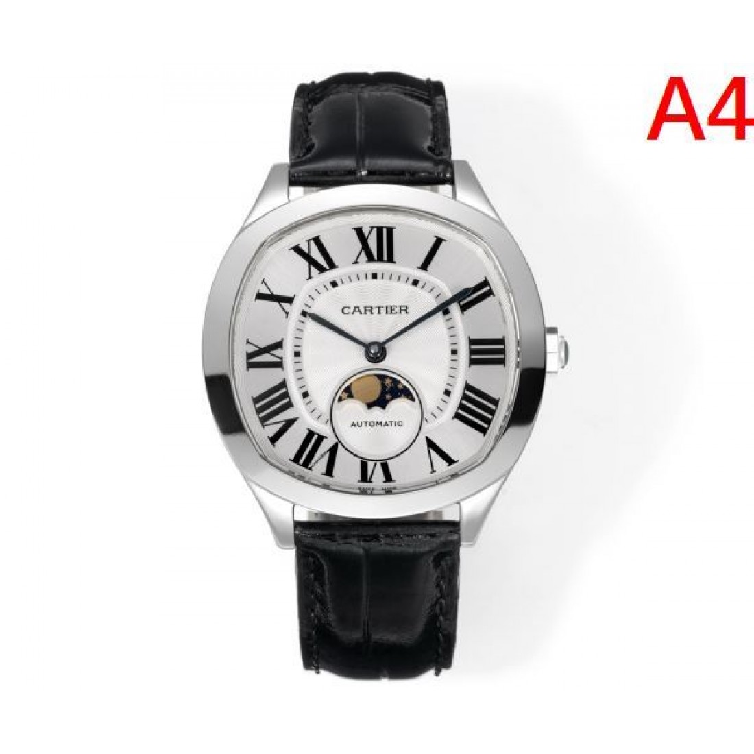 ブルーダイヤル Cartier カルティエ コピー 腕時計 ローマ数字インデックス ムーンフェイズ表示 ステンレスケース ブラックレザーベルト