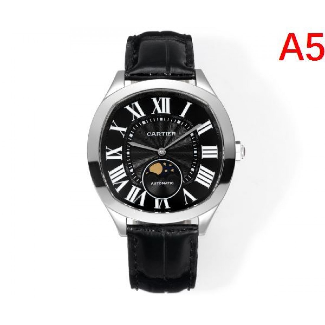 ブルーダイヤル Cartier カルティエ コピー 腕時計 ローマ数字インデックス ムーンフェイズ表示 ステンレスケース ブラックレザーベルト