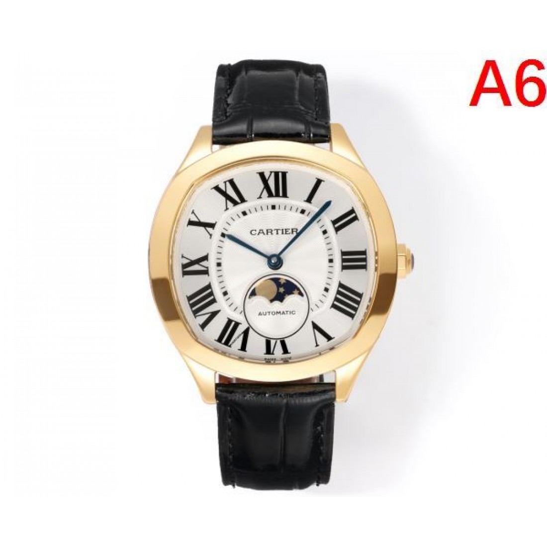 ブルーダイヤル Cartier カルティエ コピー 腕時計 ローマ数字インデックス ムーンフェイズ表示 ステンレスケース ブラックレザーベルト