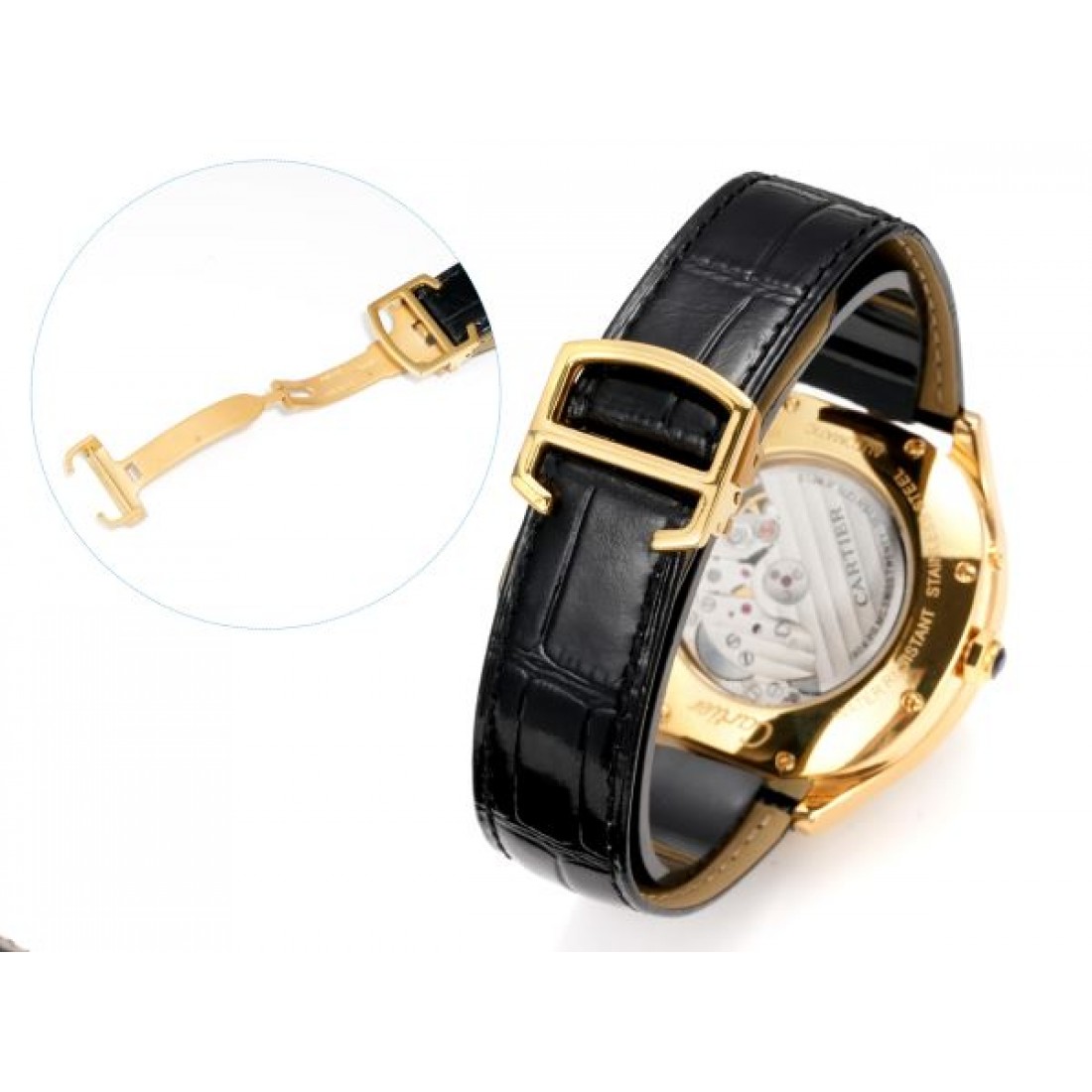 ブルーダイヤル Cartier カルティエ コピー 腕時計 ローマ数字インデックス ムーンフェイズ表示 ステンレスケース ブラックレザーベルト