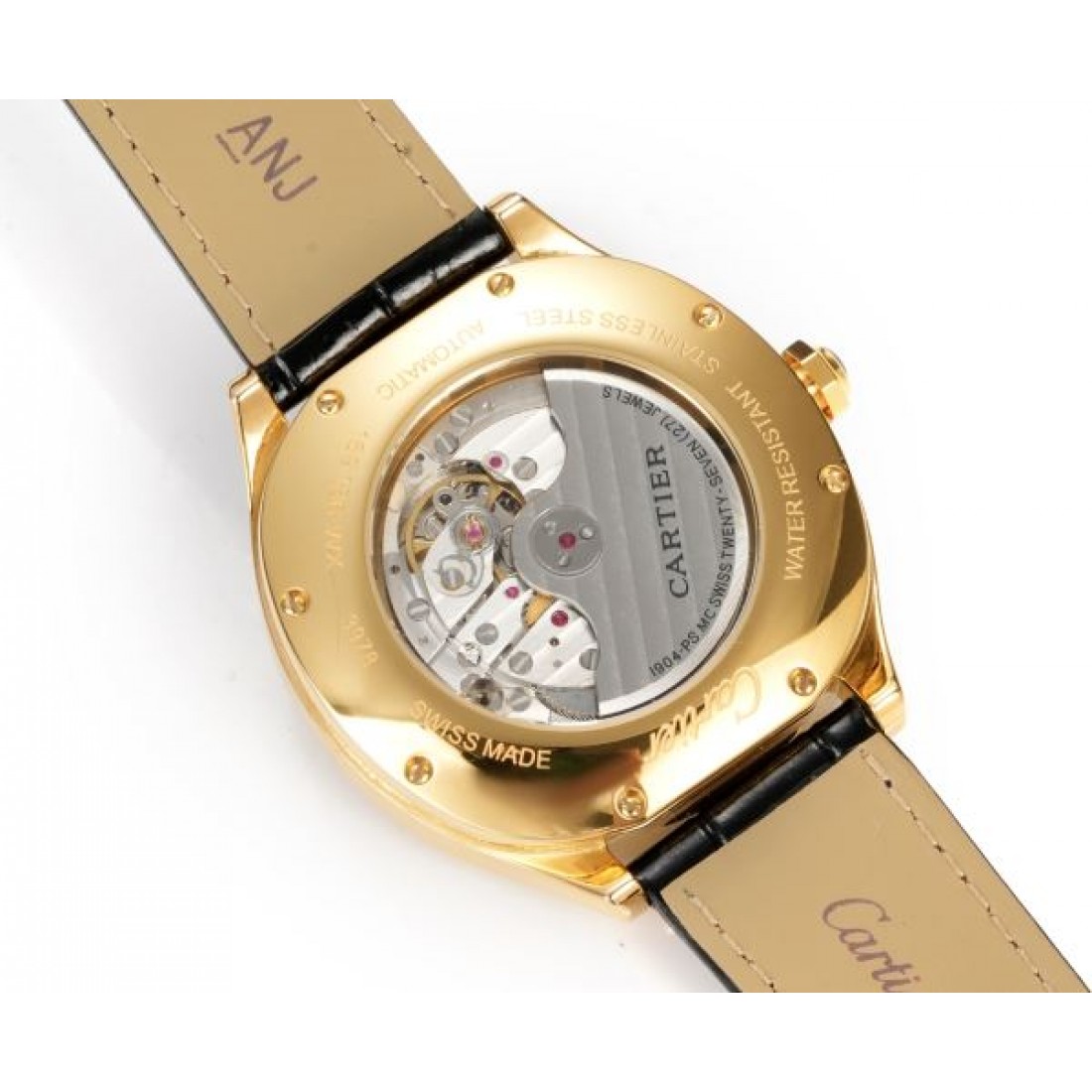 ブルーダイヤル Cartier カルティエ コピー 腕時計 ローマ数字インデックス ムーンフェイズ表示 ステンレスケース ブラックレザーベルト
