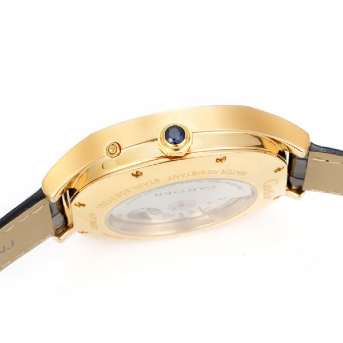 ブルーダイヤル Cartier カルティエ コピー 腕時計 ローマ数字インデックス ムーンフェイズ表示 ステンレスケース ブラックレザーベルト