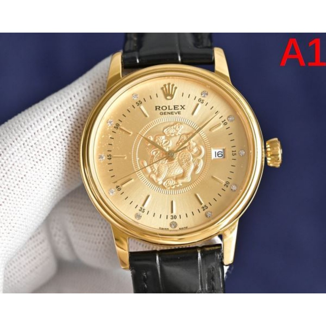 ゴールドダイヤル カレンダー表示 ROLEX ロレックス コピー デイトジャスト 腕時計 レザーストラップ エレガントモデル