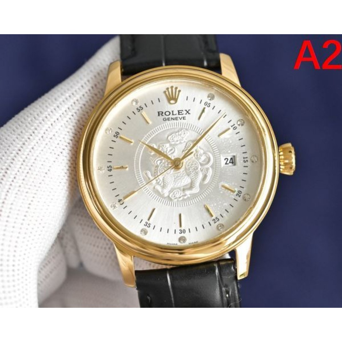 ゴールドダイヤル カレンダー表示 ROLEX ロレックス コピー デイトジャスト 腕時計 レザーストラップ エレガントモデル