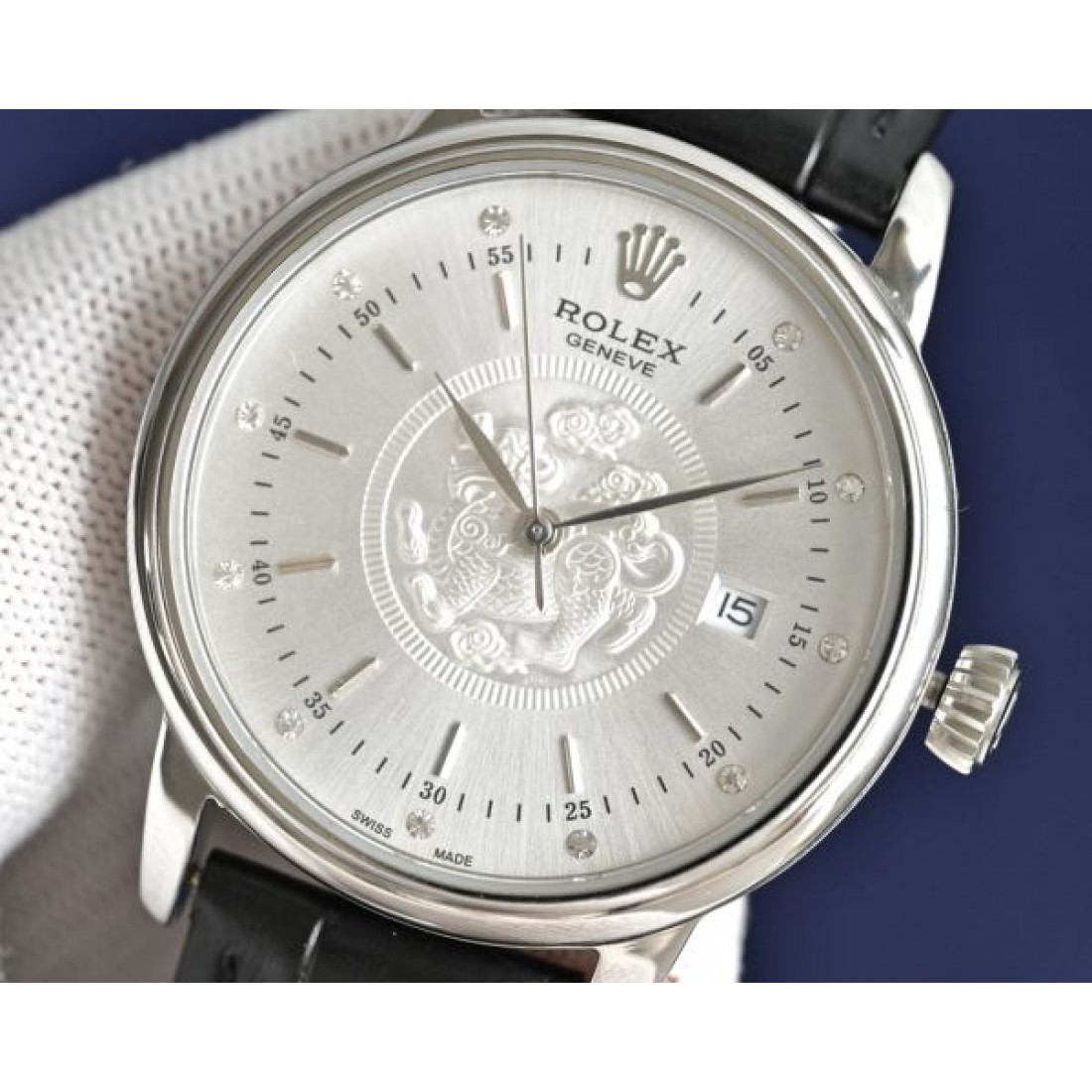 ゴールドダイヤル カレンダー表示 ROLEX ロレックス コピー デイトジャスト 腕時計 レザーストラップ エレガントモデル