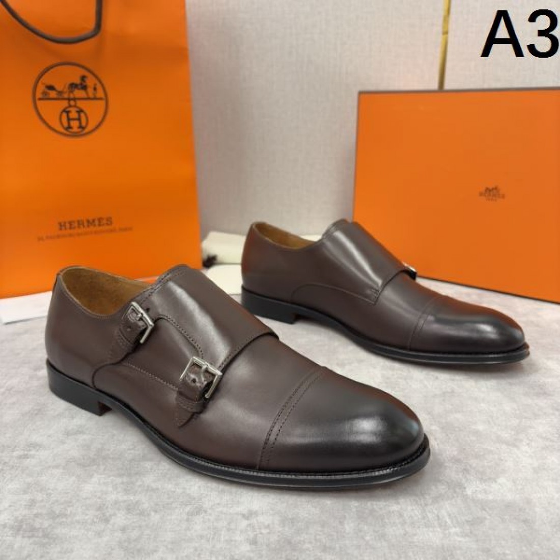 ダブルモンクストラップシューズ キャップトゥ HERMÈS エルメス コピー シューズ クラシックドレス 洗練フォルム 紳士スタイル
