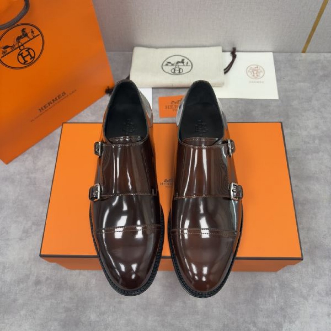 ダブルモンクストラップシューズ キャップトゥ HERMÈS エルメス コピー シューズ クラシックドレス 洗練フォルム 紳士スタイル