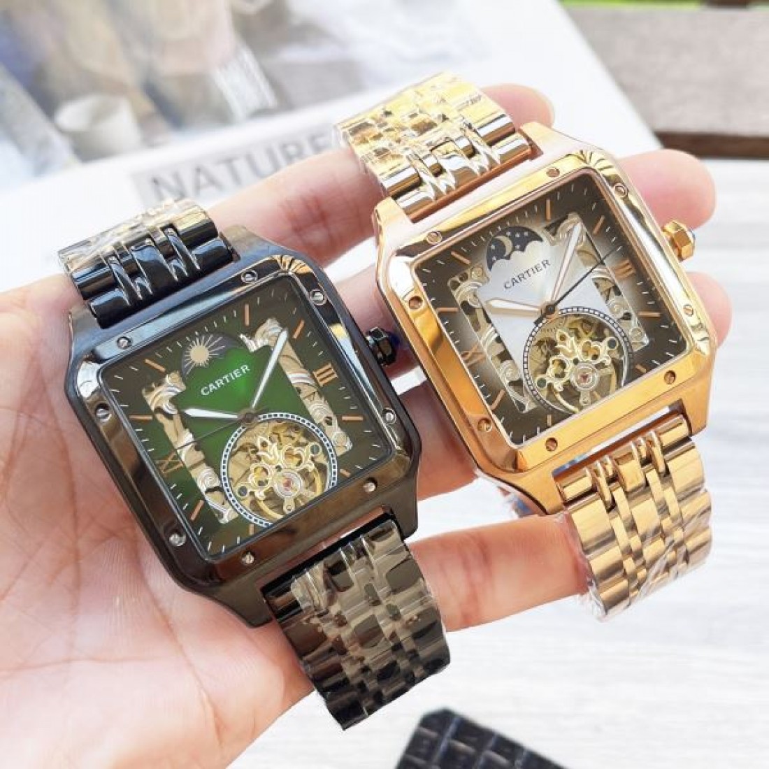 高級感 スケルトン Cartier カルティエ コピー 腕時計 自動巻き 機械式 スクエアケース ステンレスバンド シースルー文字盤 メンズウォッチ