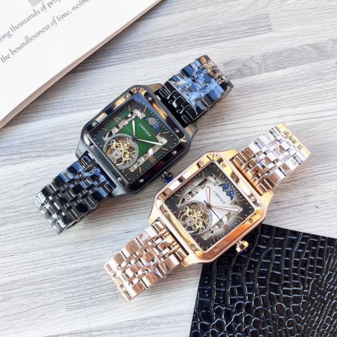 高級感 スケルトン Cartier カルティエ コピー 腕時計 自動巻き 機械式 スクエアケース ステンレスバンド シースルー文字盤 メンズウォッチ