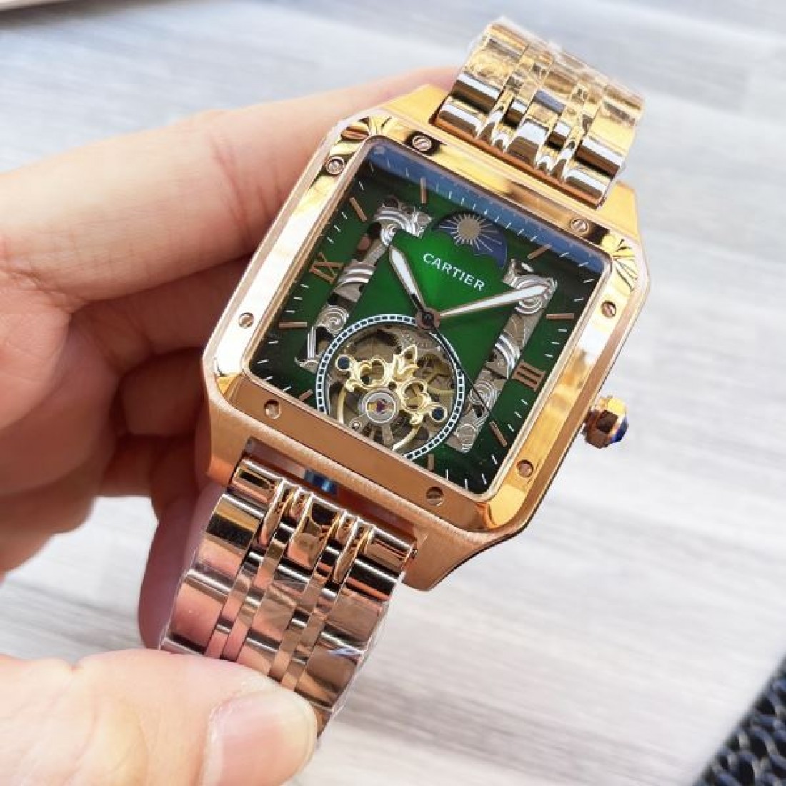 高級感 スケルトン Cartier カルティエ コピー 腕時計 自動巻き 機械式 スクエアケース ステンレスバンド シースルー文字盤 メンズウォッチ