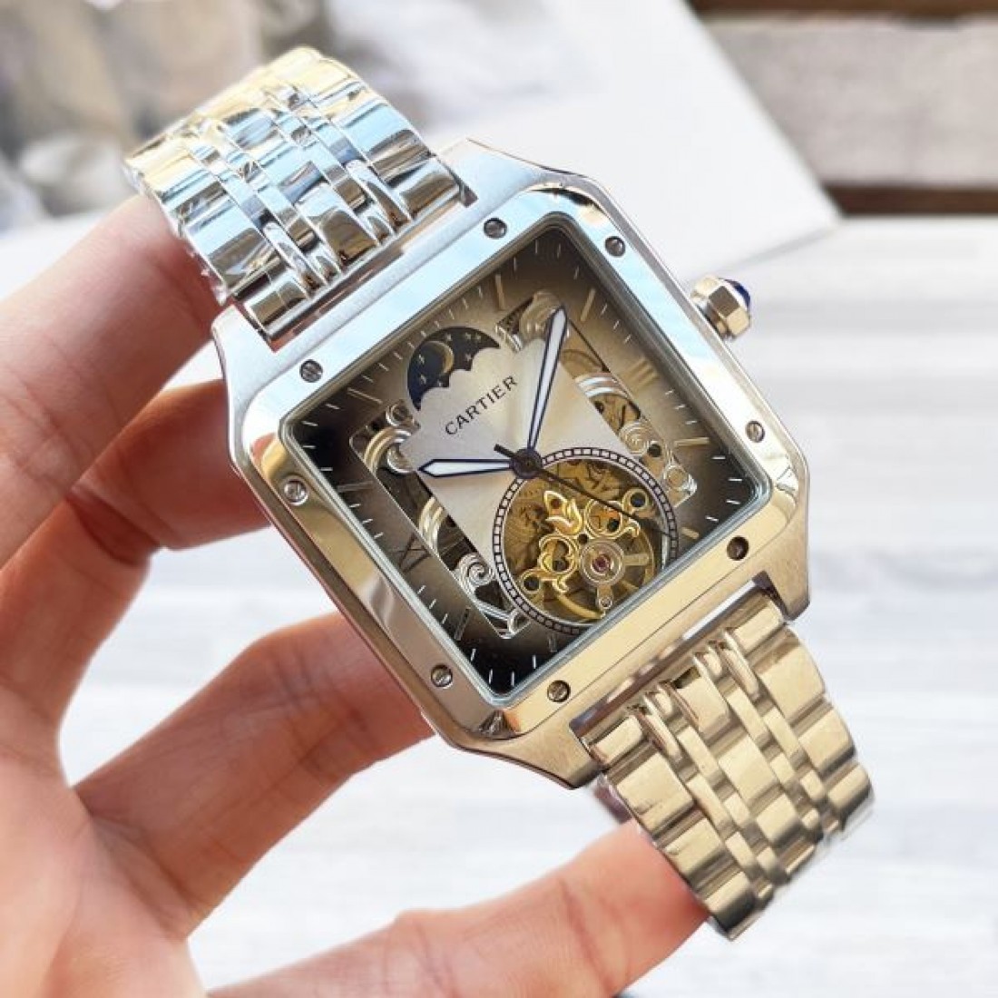 高級感 スケルトン Cartier カルティエ コピー 腕時計 自動巻き 機械式 スクエアケース ステンレスバンド シースルー文字盤 メンズウォッチ