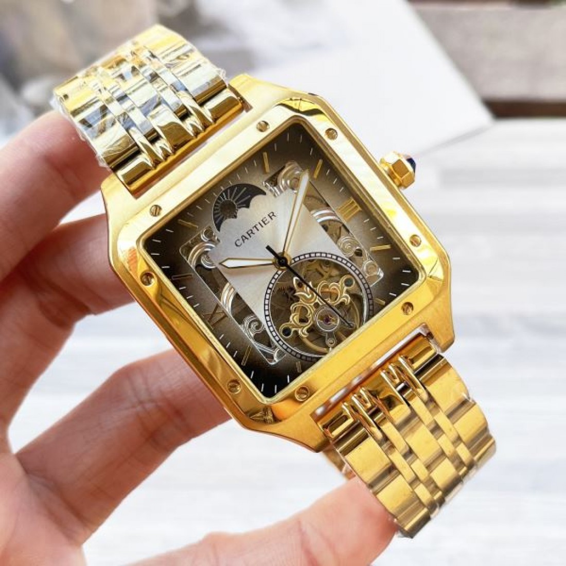 高級感 スケルトン Cartier カルティエ コピー 腕時計 自動巻き 機械式 スクエアケース ステンレスバンド シースルー文字盤 メンズウォッチ