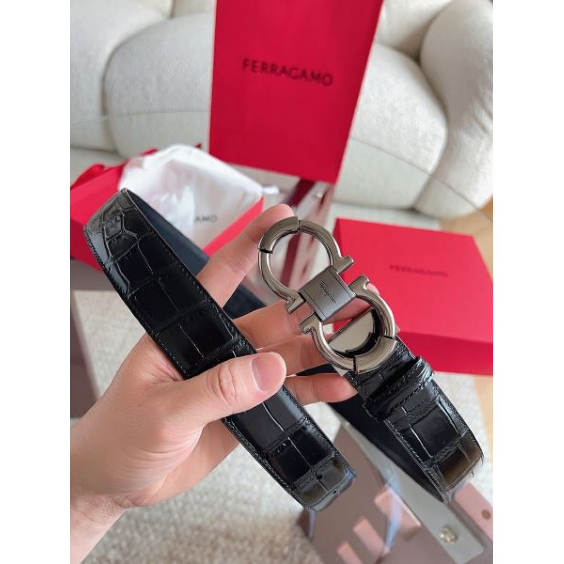 クロコ型押し ダブルガンチーニ調バックル 高見え Ferragamo フェラガモ コピー ベルト