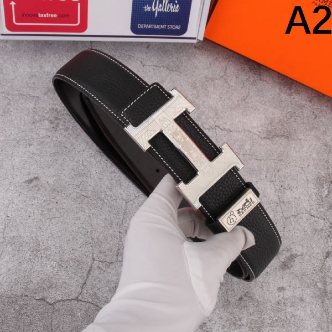 メタル構造強調 Hermes エルメス コピー ベルト ブラックグレインレザー シルバーHバックル マット仕上げ エッジ効いた輪郭 メンズ仕様