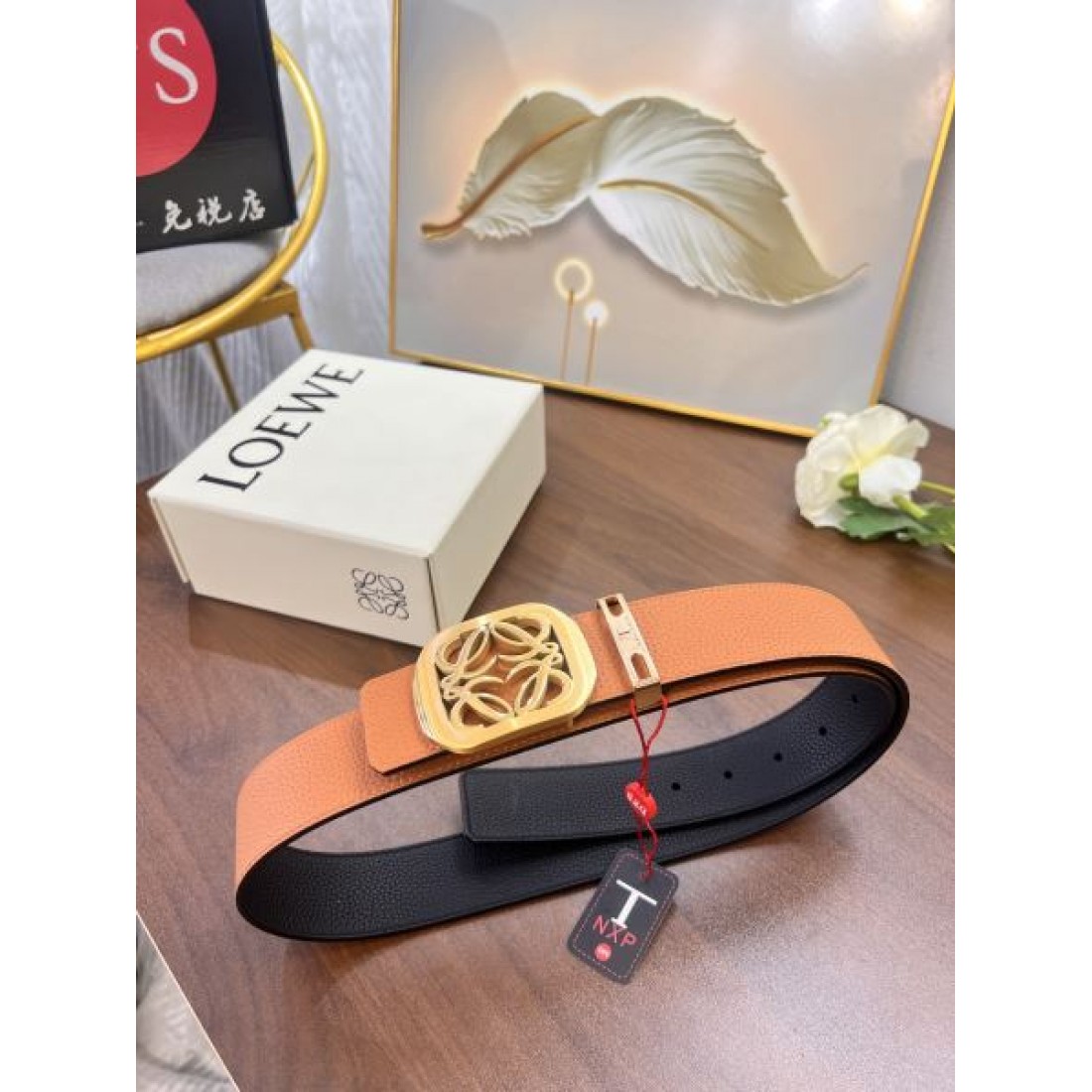 アナグラムバックル LOEWE ロエベ コピー ベルト ブラック×ブラウン リバーシブル仕様 カットワークロゴバックル コントラスト配色