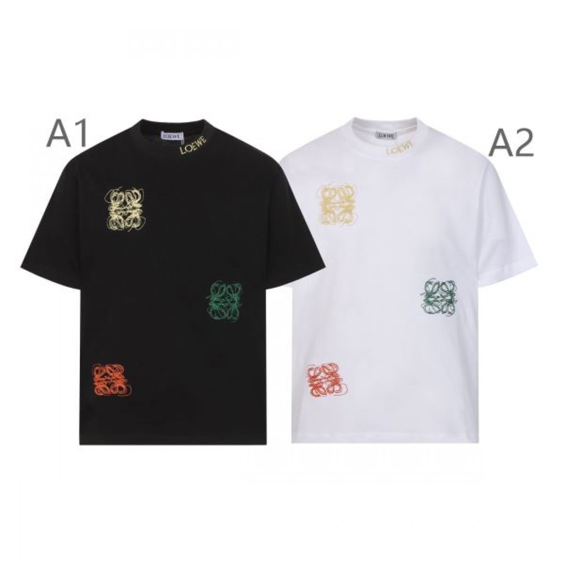 マルチアナグラム LOEWE ロエベ コピー Tシャツ ブラックカラー カラーロゴ刺繍 半袖デザイン アート感ある仕上がり