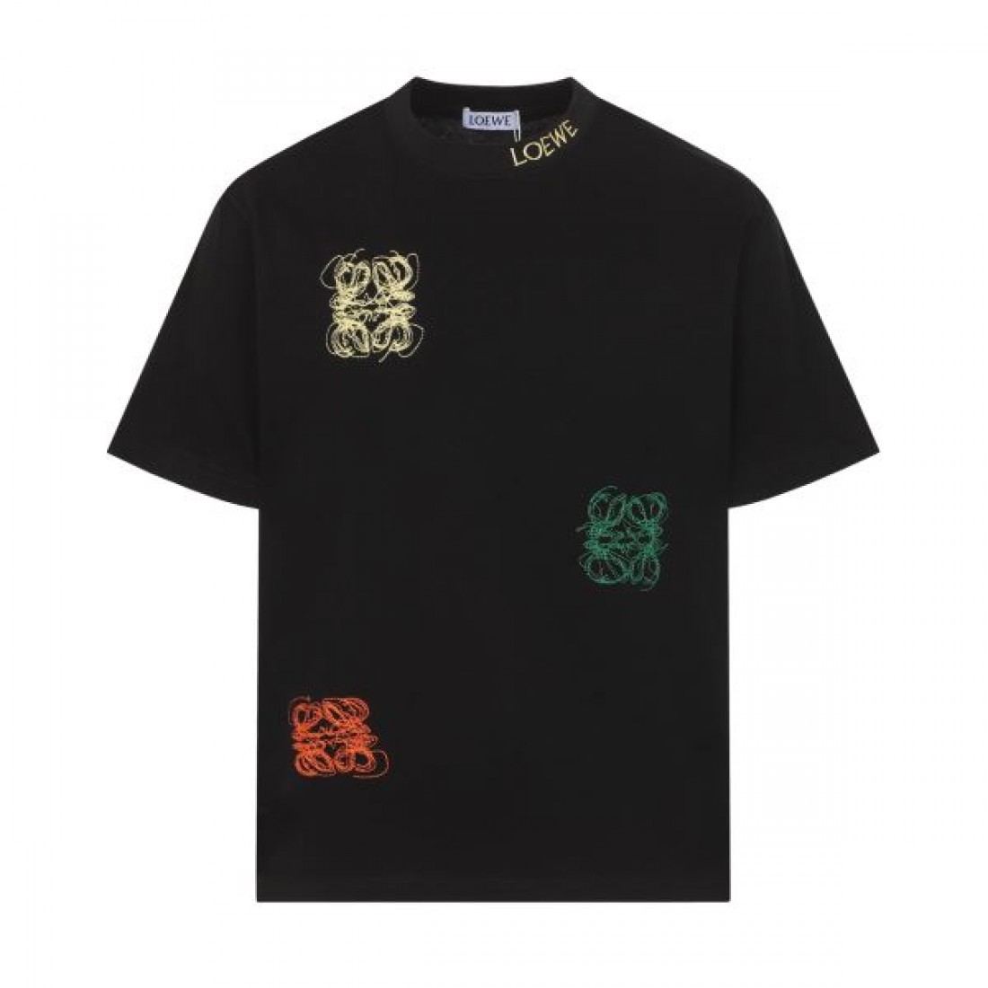 マルチアナグラム LOEWE ロエベ コピー Tシャツ ブラックカラー カラーロゴ刺繍 半袖デザイン アート感ある仕上がり