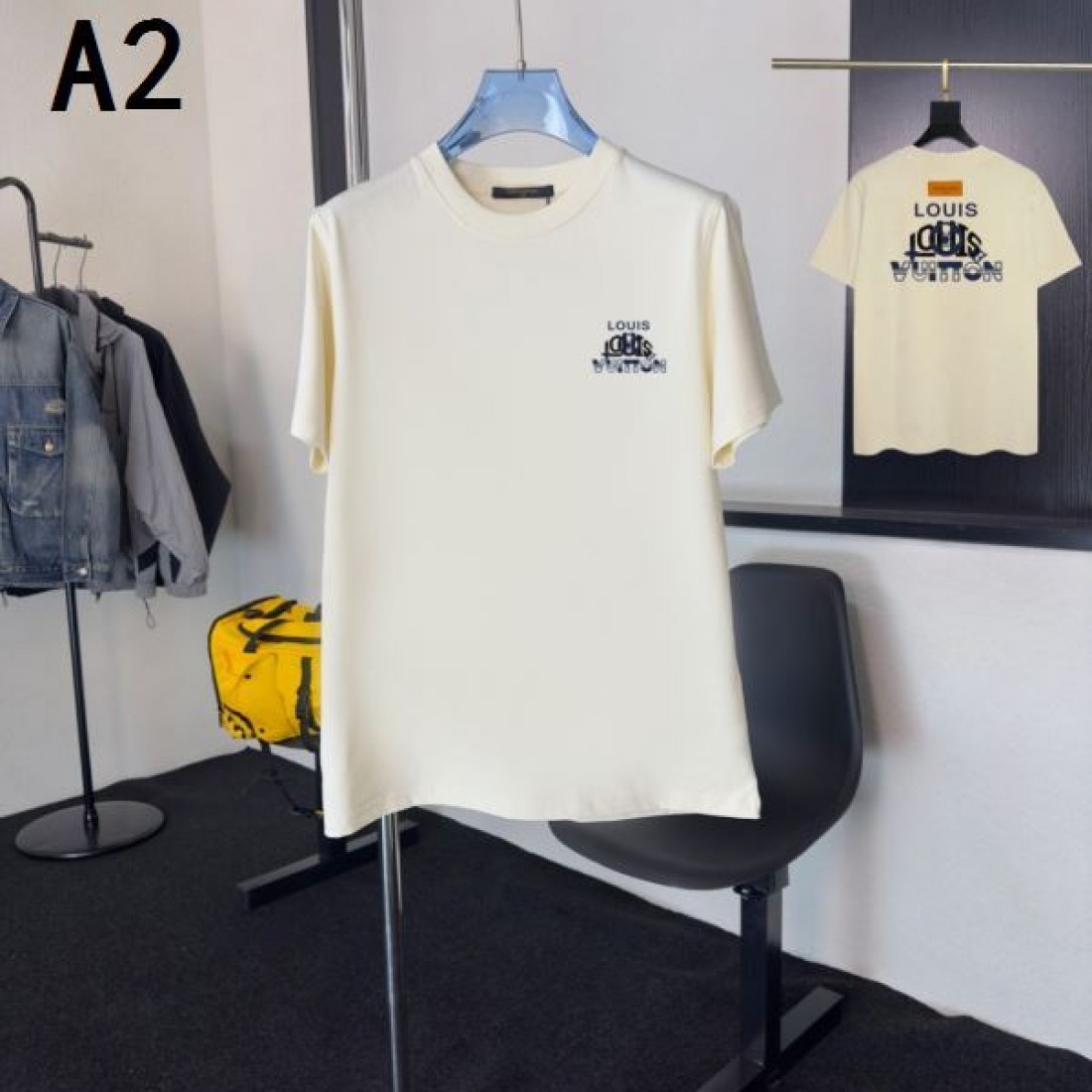 ヴィンテージカー風 LOUIS VUITTON ルイヴィトン コピー Tシャツ アイボリートーン ブラウン刺繍アクセント 男女兼用デザイン