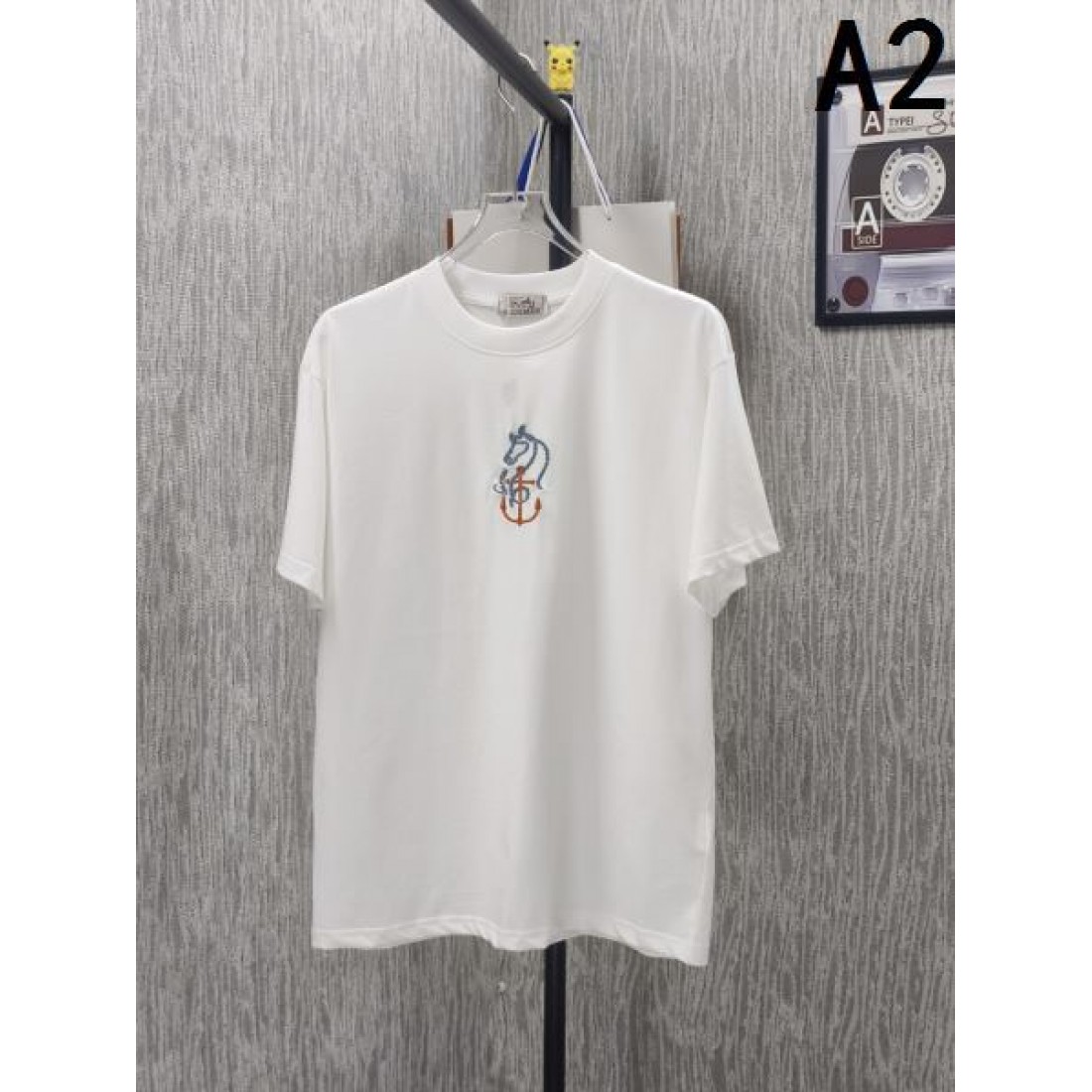 ブラック 半袖Tシャツ HERMÈS エルメス コピー ホース刺繍 アンカーモチーフ クルーネック