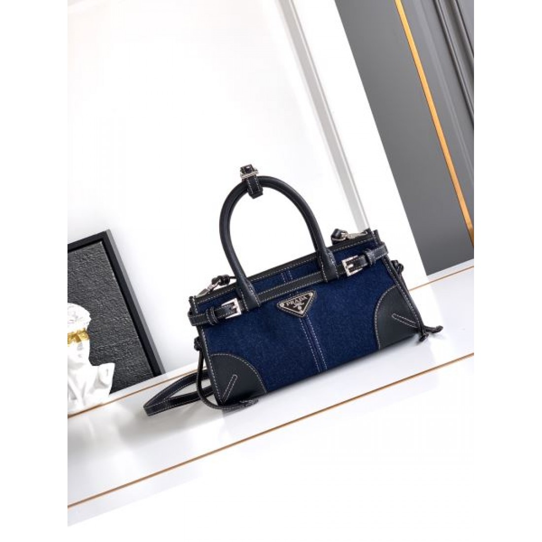 デニムコンビ ミニハンドルショルダー ゴールド金具 PRADA プラダ コピー バッグ フロントロゴ 2WAYカジュアルスタイル トレンドモデル