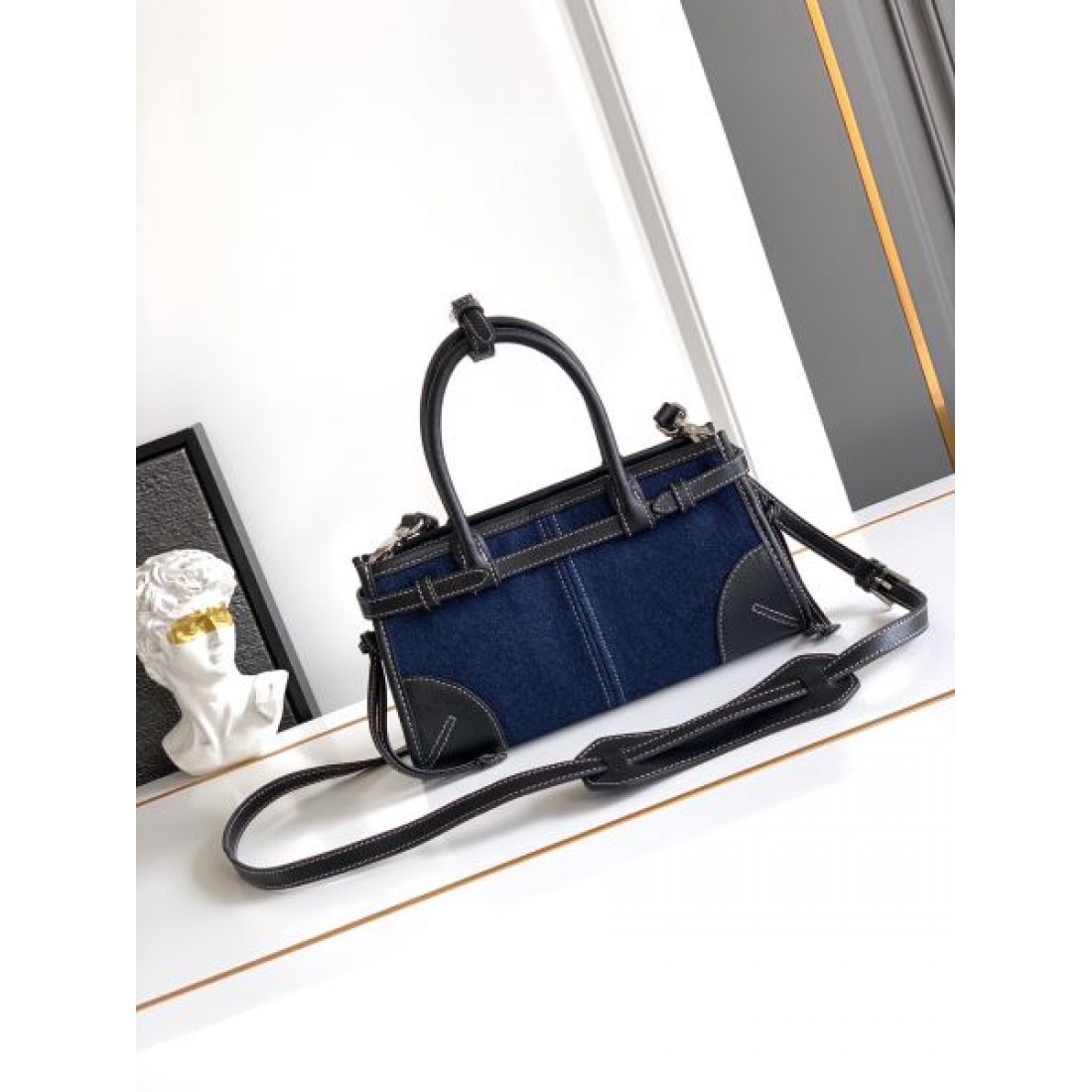 デニムコンビ ミニハンドルショルダー ゴールド金具 PRADA プラダ コピー バッグ フロントロゴ 2WAYカジュアルスタイル トレンドモデル