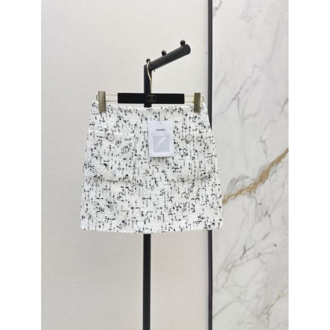 ホワイト×ブラック ミックスヤーン CHANEL シャネル コピー ツイードミニスカート Aラインシルエット