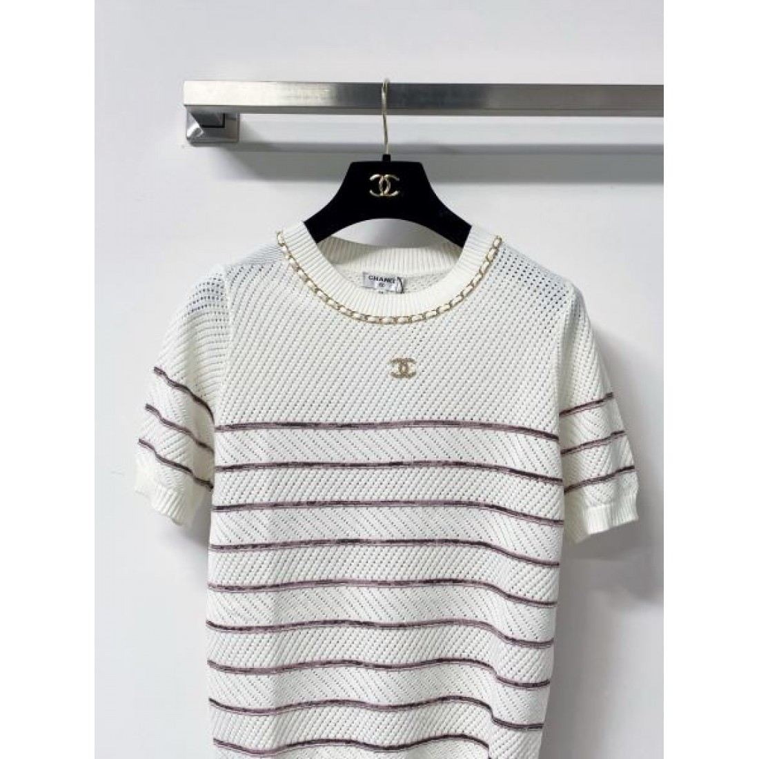 クラシカルボーダー CHANEL シャネル コピー クルーネックニット ブラウン系ストライプ コンパクトフォルム