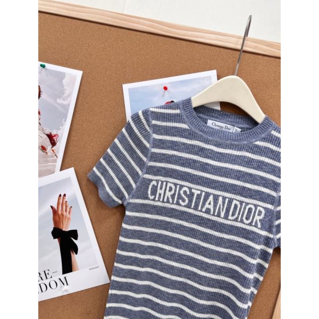 DIOR ディオール コピー レディース 半袖ニットトップス ブルーグレーボーダー センターレタリング クルーネック