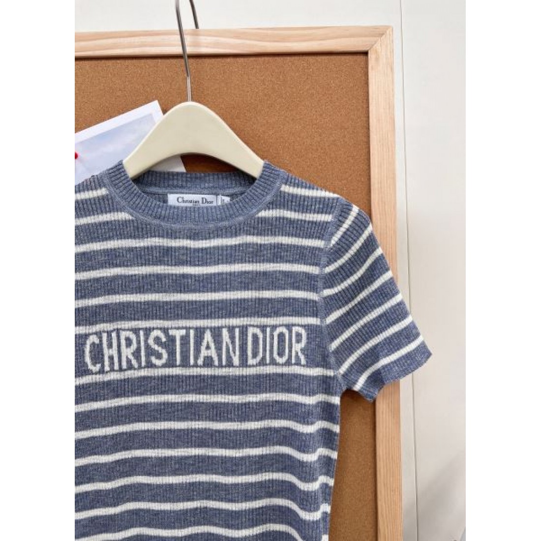 DIOR ディオール コピー レディース 半袖ニットトップス ブルーグレーボーダー センターレタリング クルーネック